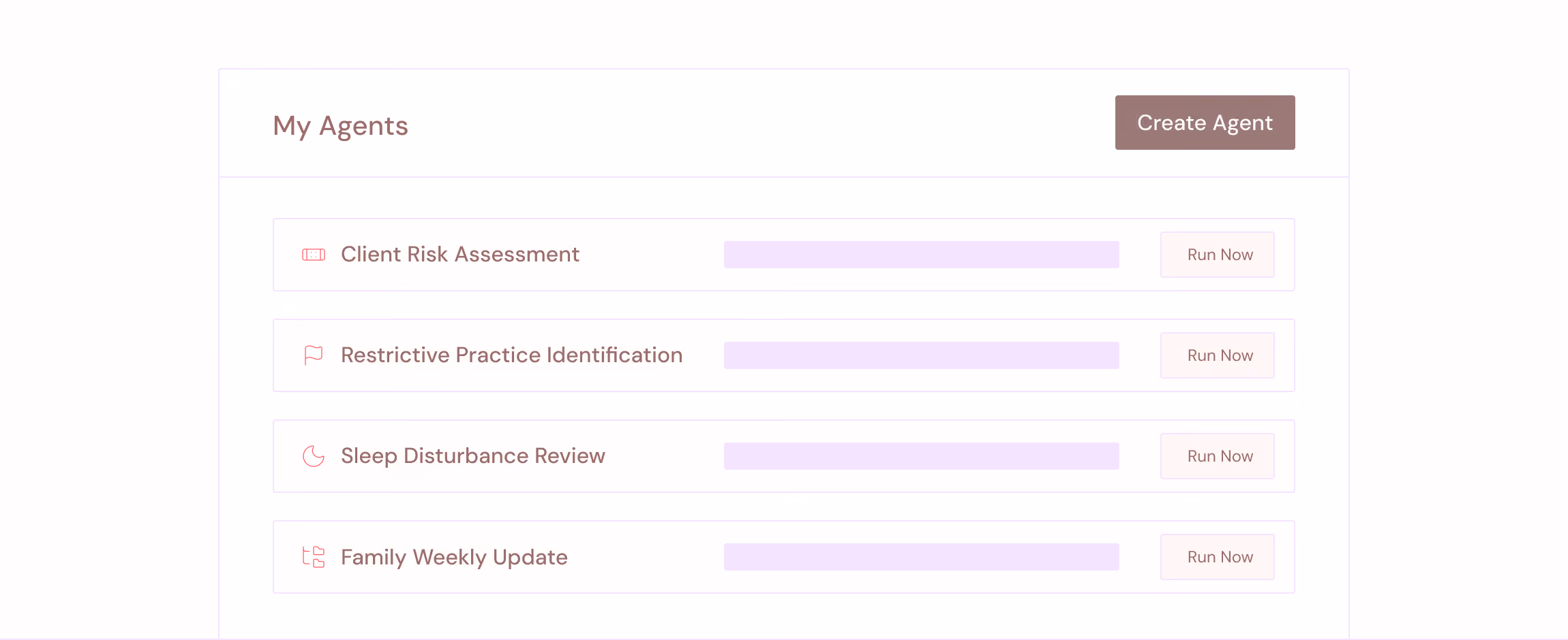 Kernl interface listing client risk, practice, sleep and family agents.